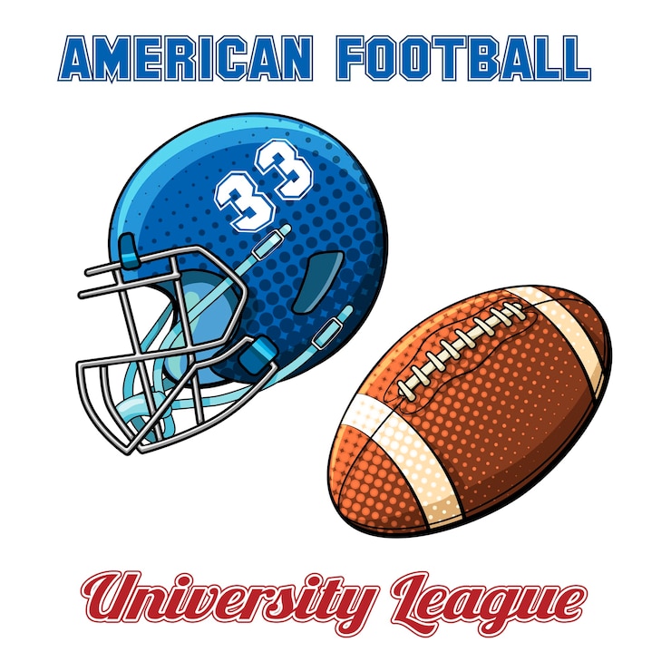 Vettore gratuito casco blu con il numero e la palla per il football americano su sfondo bianco. illustrazione vettoriale