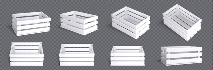 Vettore gratuito cassa di legno bianca scatola vettore di pallet di fattoria di frutta vuota 3d icona del contenitore di carico del mercato realistico con struttura di legno modello di mockup di imballaggio del raccolto con vista diversa clipart di stoccaggio isolato