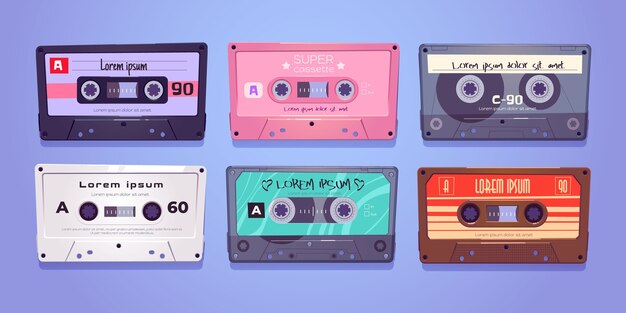 Cassette audio, nastri retrò, archiviazione multimediale per musica e suono isolato su bianco