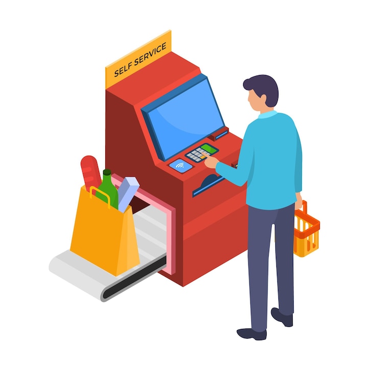 Vettore gratuito cassiere self service isometrico