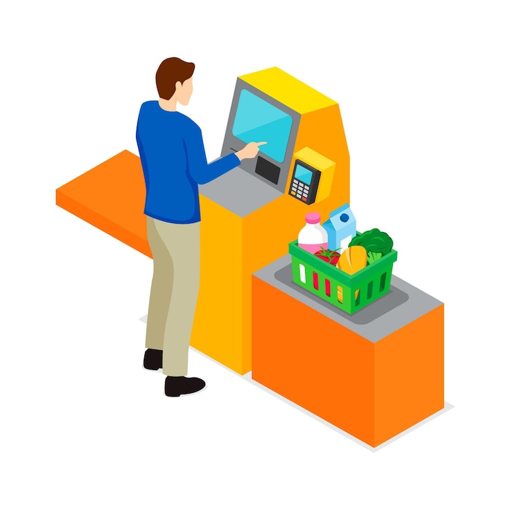 Vettore gratuito cassiere self service isometrico