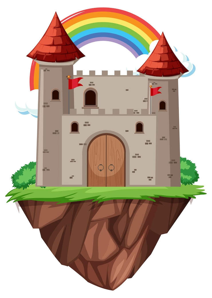 Vettore gratuito castello da favola con arcobaleno su sfondo bianco