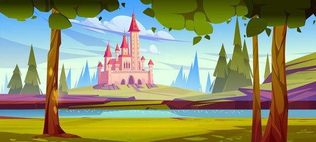 Castello magico rosa sulla collina verde sulla costa del fiume con la superficie dell'acqua blu al giorno d'estate Palazzo da favola sotto il cielo nuvoloso e abeti intorno all'architettura medievale di fantasia Cartoon illustrazione vettoriale