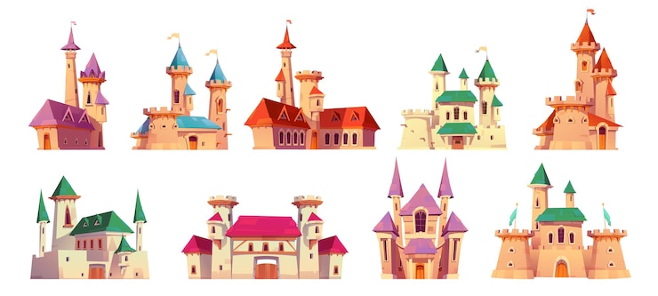 Vettore gratuito castello reale medievale di favola o palazzo di principessa di fantasia set di illustrazioni vettoriali di cartoni animati di case di re con torri e bandiere porte e finestre mura di pietra racconto antico fortezza per il regno