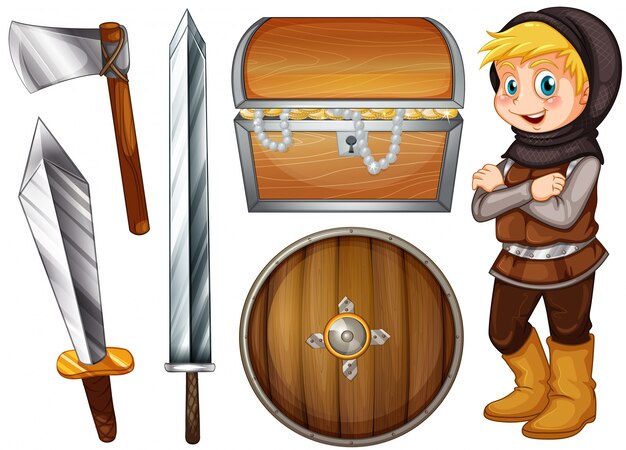 Cavaliere con armi e illustrazione del tesoro