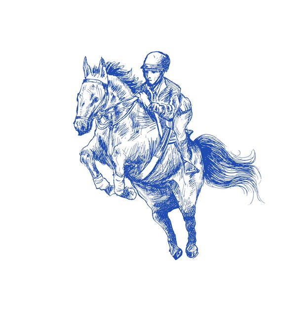 Cavaliere dell'uomo sul cavallo della baia che salta sopra l'ostacolo sulla concorrenza di sport equestre