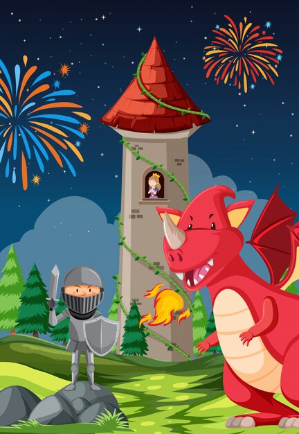 Cavaliere in lotta con un drago e una principessa in una torre