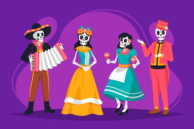 Celebrazione del dia de muertos della collezione di elementi di carattere piatto