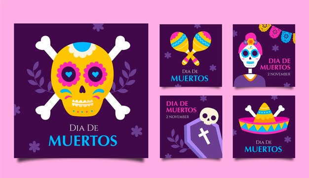 Celebrazione del dia de muertos della raccolta di post instagram piatti