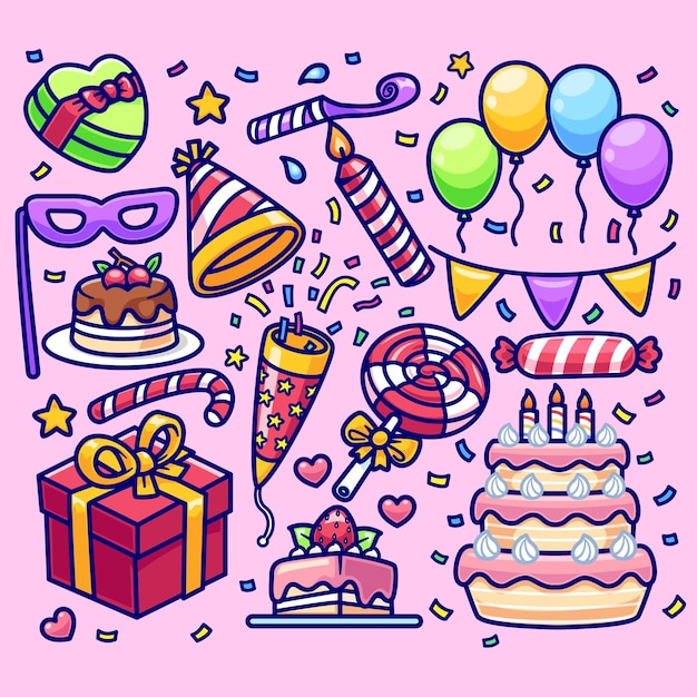 Celebrazione di compleanno Set di oggetti Cartoon Vector Icon Illustration Holiday Object Icon Isolato piatto