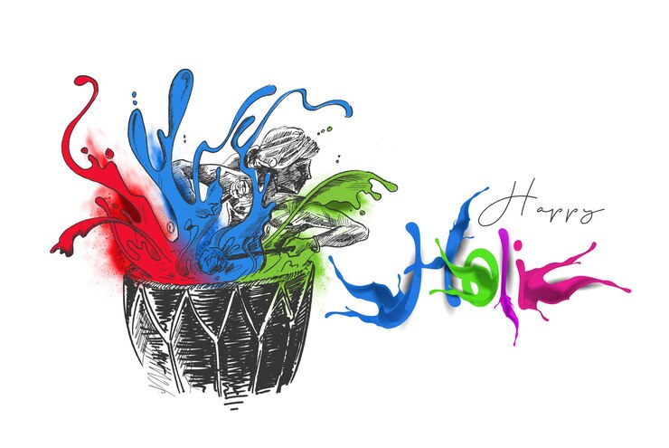 Vettore gratuito celebrazioni del festival di holi donna che gioca su un dhol con spruzzi di sfondo vettoriale a colori