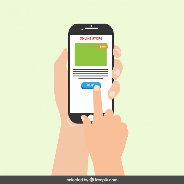 Vettore gratuito cellulare con pulsante di acquistare sullo schermo