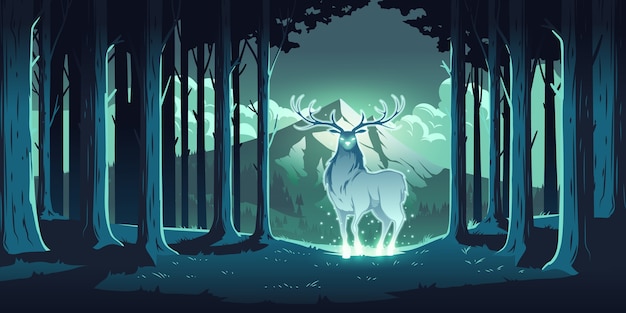Cervo magico nella foresta notturna, cervo mistico con occhi e corpo luminosi, anima della natura, protettore del legno, animale totemico sugli alberi e paesaggio montano, maestose renne, fumetto illustrazione