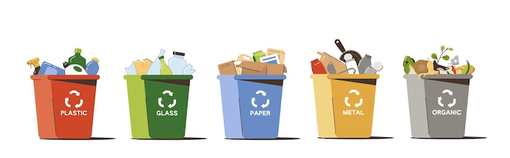 Vettore gratuito cestini per la raccolta differenziata e il riciclaggio dei rifiuti contenitori per la raccolta differenziata plastica vetro carta metallo e rifiuti organici per il riciclaggio pattumiere piatte di diversi colori per la raccolta differenziata e la raccolta differenziata