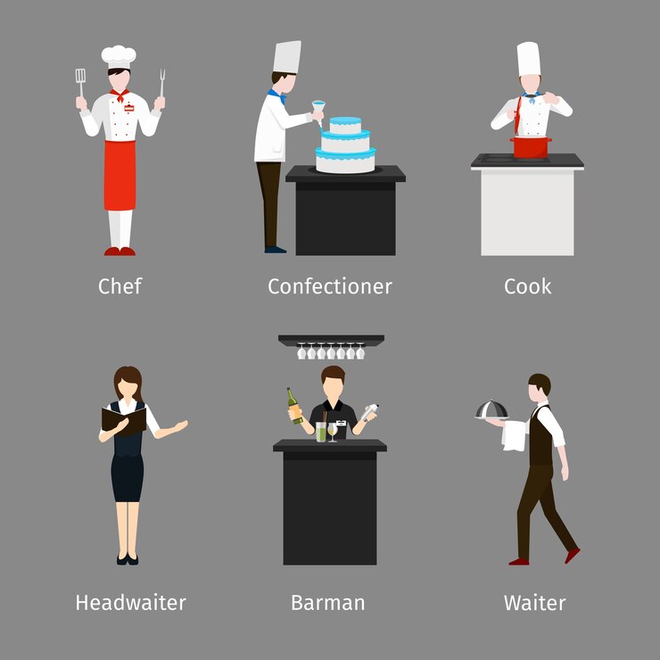 Vettore gratuito chef e pasticcere, cameriere e cuoco. personale addetto alla ristorazione. lavoro e lavoro, persona barman, capocameriere