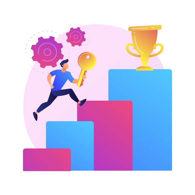 Vettore gratuito chiave per il successo aziendale. progresso dell'azienda, segreto della leadership, piani ambiziosi. imprenditore che sfrutta le opportunità di business, raggiungendo la prima posizione