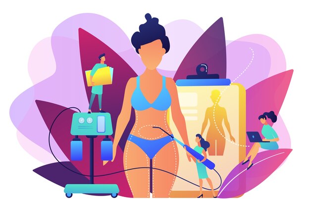 Chirurgo plastico con un tubo di aspirazione che fa la liposuzione di parti del corpo marcate della donna Liposuzione, procedura lipo, concetto di chirurgia di rimozione del grasso.