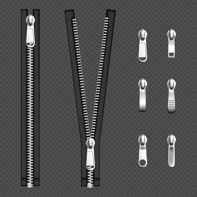 Chiusure lampo in metallo, cerniere argento con estrattore di forma diversa e nastro in tessuto nero aperto o chiuso, hardware di abbigliamento isolato su sfondo trasparente, illustrazione realistica 3d, set