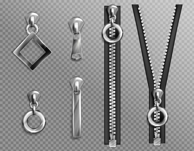 Chiusure lampo in metallo, cerniere argento con tiretto di forma diversa e nastro in tessuto nero aperto o chiuso, accessori per abbigliamento isolati