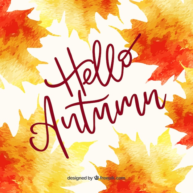 Ciao autunno lettering sfondo con foglie di acquerello