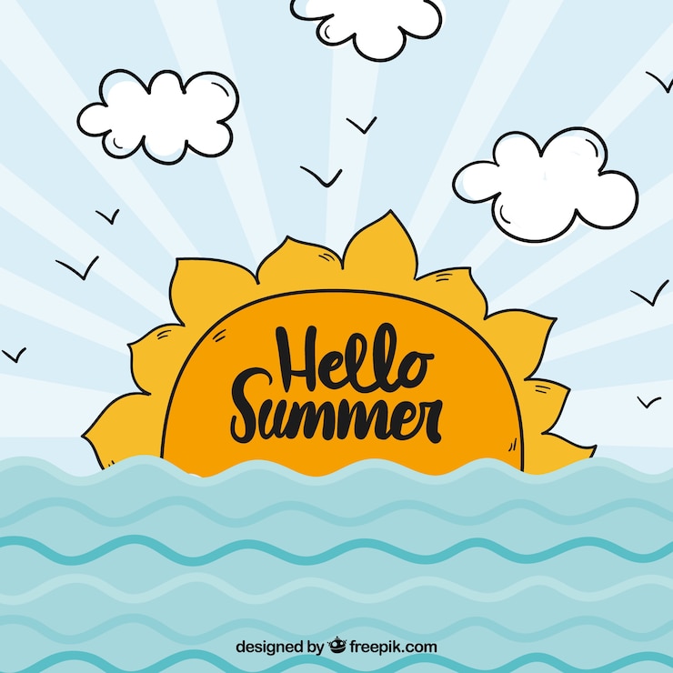 Vettore gratuito ciao estate sfondo con sole e mare