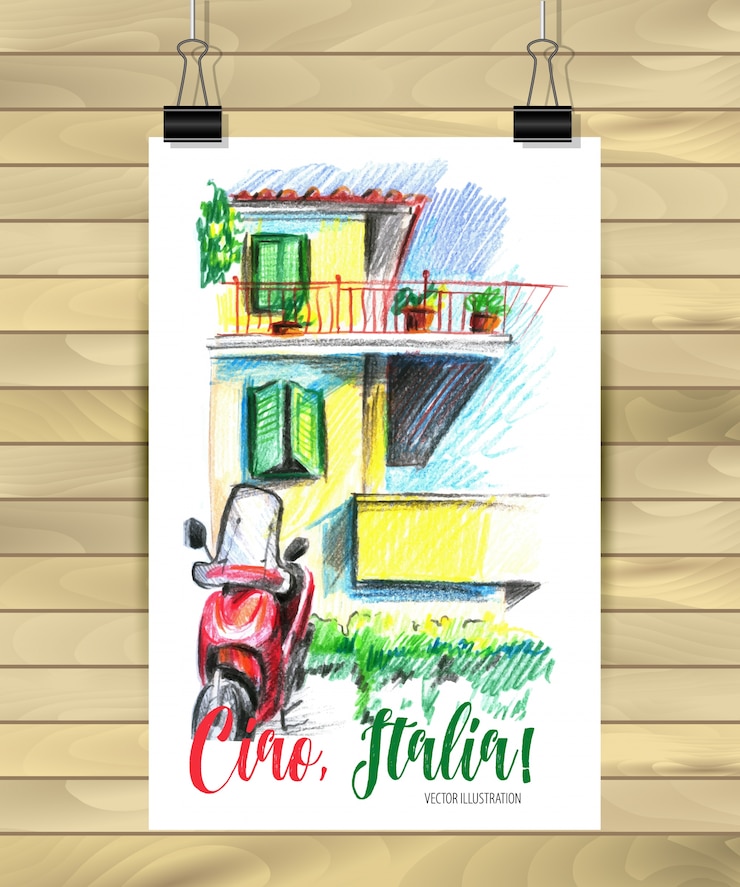 Vettore gratuito ciao italia! manifesto disegnato a mano del paesaggio italiano