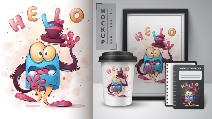Vettore gratuito ciao poster e merchandising di mostri
