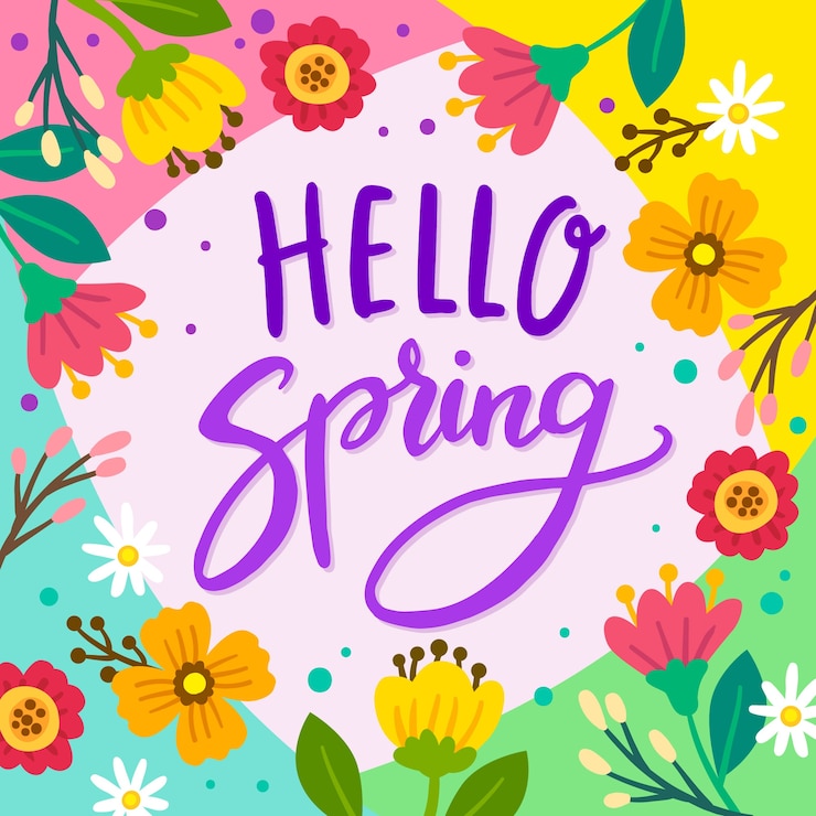 Vettore gratuito ciao primavera lettering con decorazioni colorate