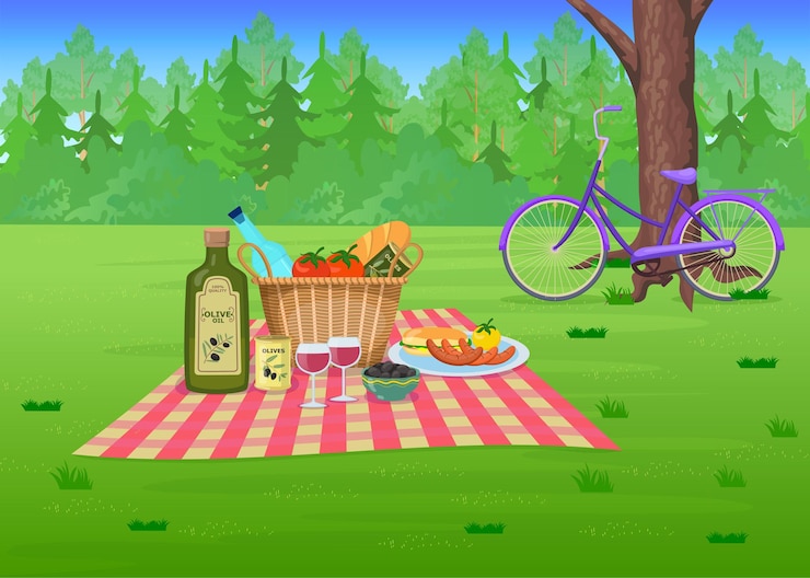 Vettore gratuito cibo da picnic sull'erba nell'illustrazione del fumetto del parco. cestino di paglia con olive, vino, salsicce su coperta