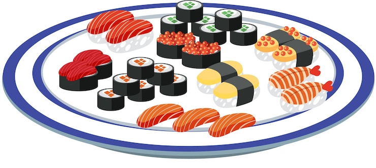 Vettore gratuito cibo giapponese con sushi in un piatto