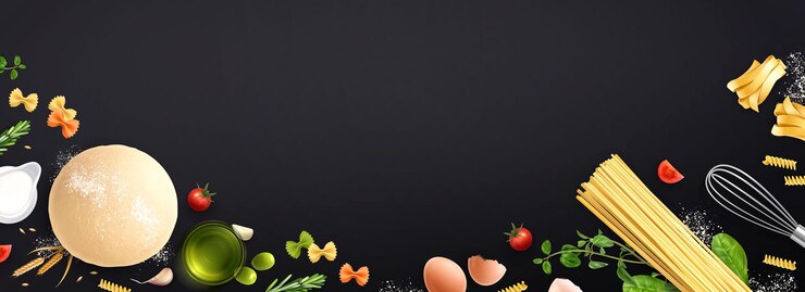 Vettore gratuito cibo italiano con pasta composizione realistica di sfondo scuro e icone isolate di spaghetti e verdi illustrazione vettoriale