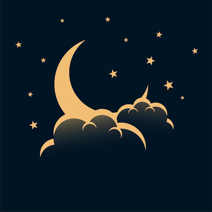 Vettore gratuito cielo notturno con luna, stelle e nuvole sullo sfondo