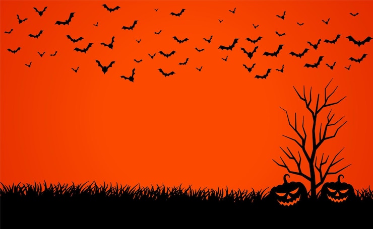 Vettore gratuito cielo rosso spaventoso con zucche e pipistrelli sullo sfondo di halloween