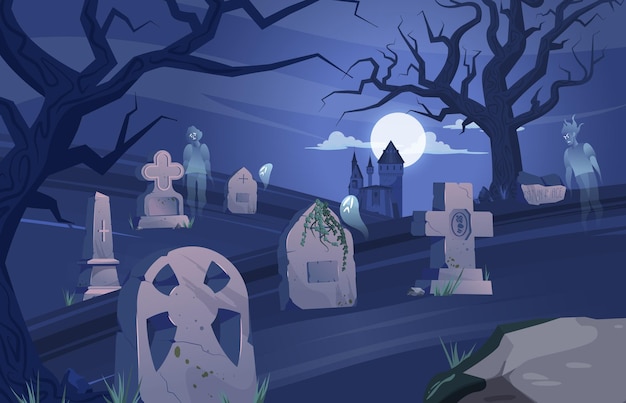 Cimitero lapide composizione halloween antico cimitero di notte i fantasmi galleggiano sopra le tombe illustrazione vettoriale