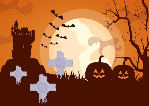 Cimitero scuro di Halloween con zucche