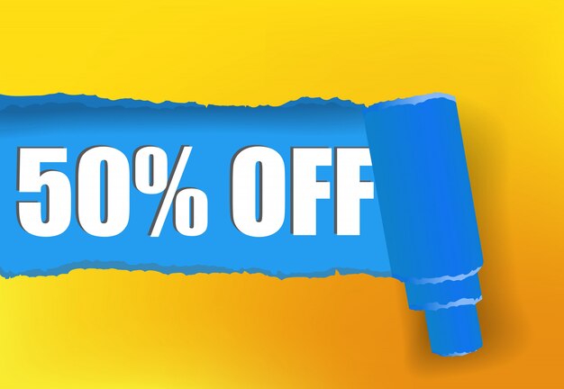 Cinquanta per cento di sconto sul banner di promozione nei colori giallo e blu