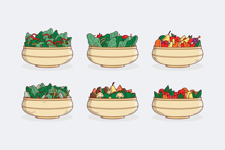Vettore gratuito ciotole per frutta e insalata