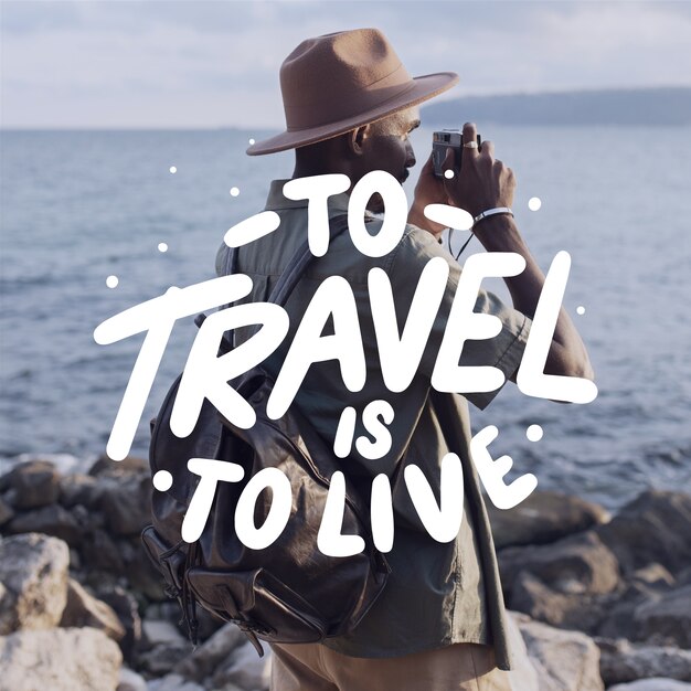 Citazioni di viaggio disegnate a mano con scritte fotografiche