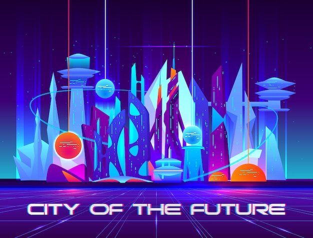 Città del futuro di notte con vivaci luci al neon e sfere brillanti.