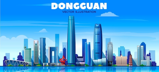 Città di Dongguan Cina skyline con panorama su sfondo blu Illustrazione vettoriale Viaggi d'affari e concetto di turismo con edifici moderni Immagine per il sito web banner di presentazione