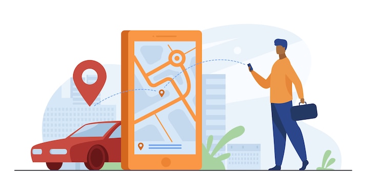 Vettore gratuito cliente che utilizza l'app online per ordinare un taxi o noleggiare un'auto