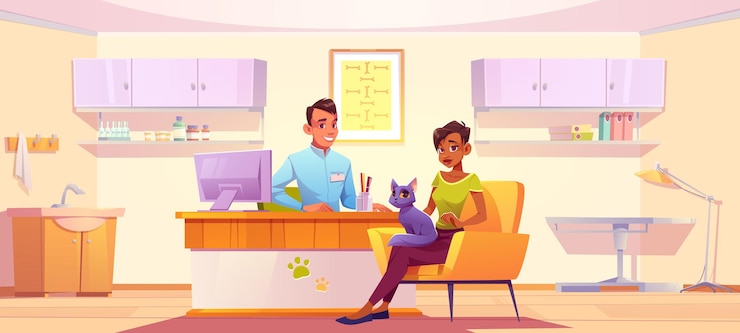 Vettore gratuito cliente con gatto visita clinica veterinaria per assistenza medica e animale domestico esame. illustrazione del fumetto vettoriale di medico veterinario e donna con gattino in studio medico in ospedale per animali