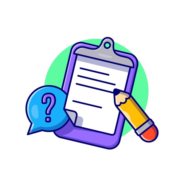 Clip Board, carta e matita fumetto icona illustrazione. Istruzione oggetto icona concetto isolato. Stile cartone animato piatto