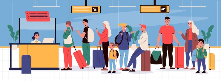 Vettore gratuito coda di turisti con bagaglio alla partenza banco check-in nell'illustrazione vettoriale piatta della lounge dell'aeroporto