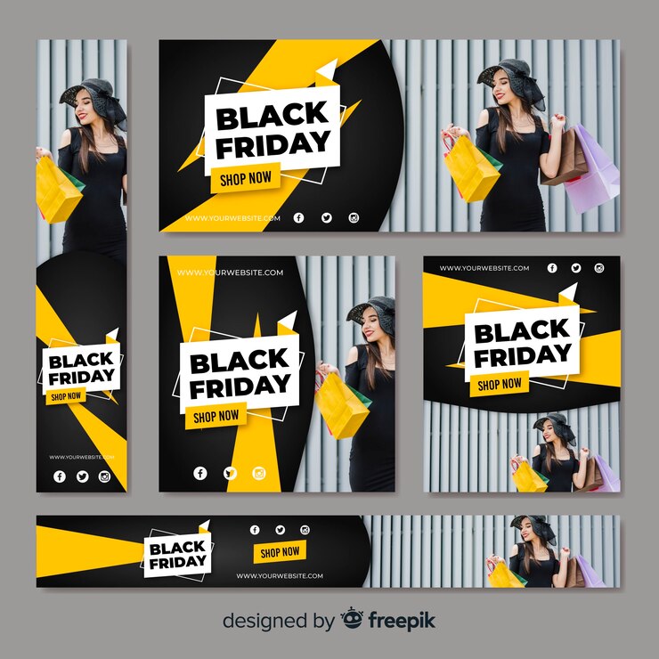Vettore gratuito colección de banners web de rebajas di venerdì nero con donne comprando