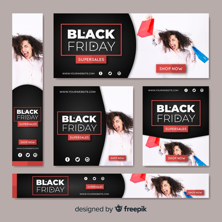 Vettore gratuito colección de banners web de rebajas di venerdì nero con donne comprando