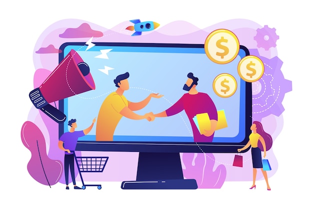 Collaborazione redditizia, cowork di partner commerciali. Marketing di affiliazione, soluzione di marketing conveniente, concetto di gestione del marketing di affiliazione.