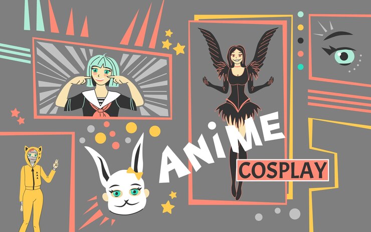 Vettore gratuito collage anime cosplay con illustrazione vettoriale piatta dei simboli dello stile di vita manga