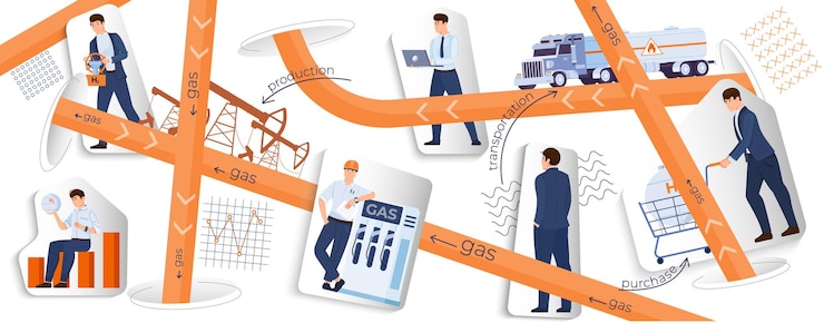 Vettore gratuito collage di carta tagliata a economia di gas con illustrazione vettoriale piatta di elementi della stazione di servizio del camion dei tubi dell'attrezzatura industriale