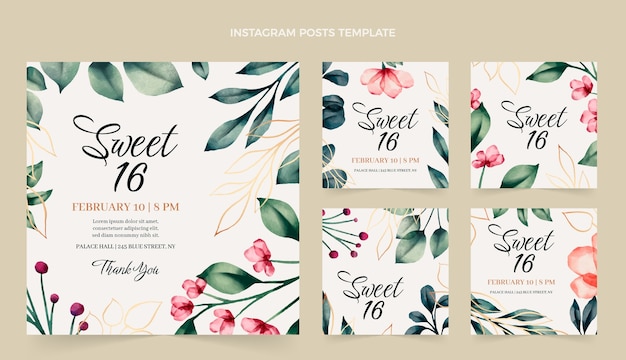 Collezione di 16 post di instagram dolci disegnati a mano ad acquerello
